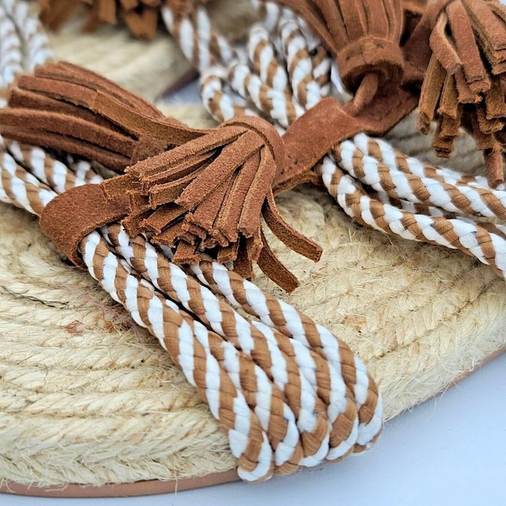 Anthropologie Fringed Rope Sandals Neutral Brown Suede Boho Tassel Size 6 M NWOB - Picture 7 of 8